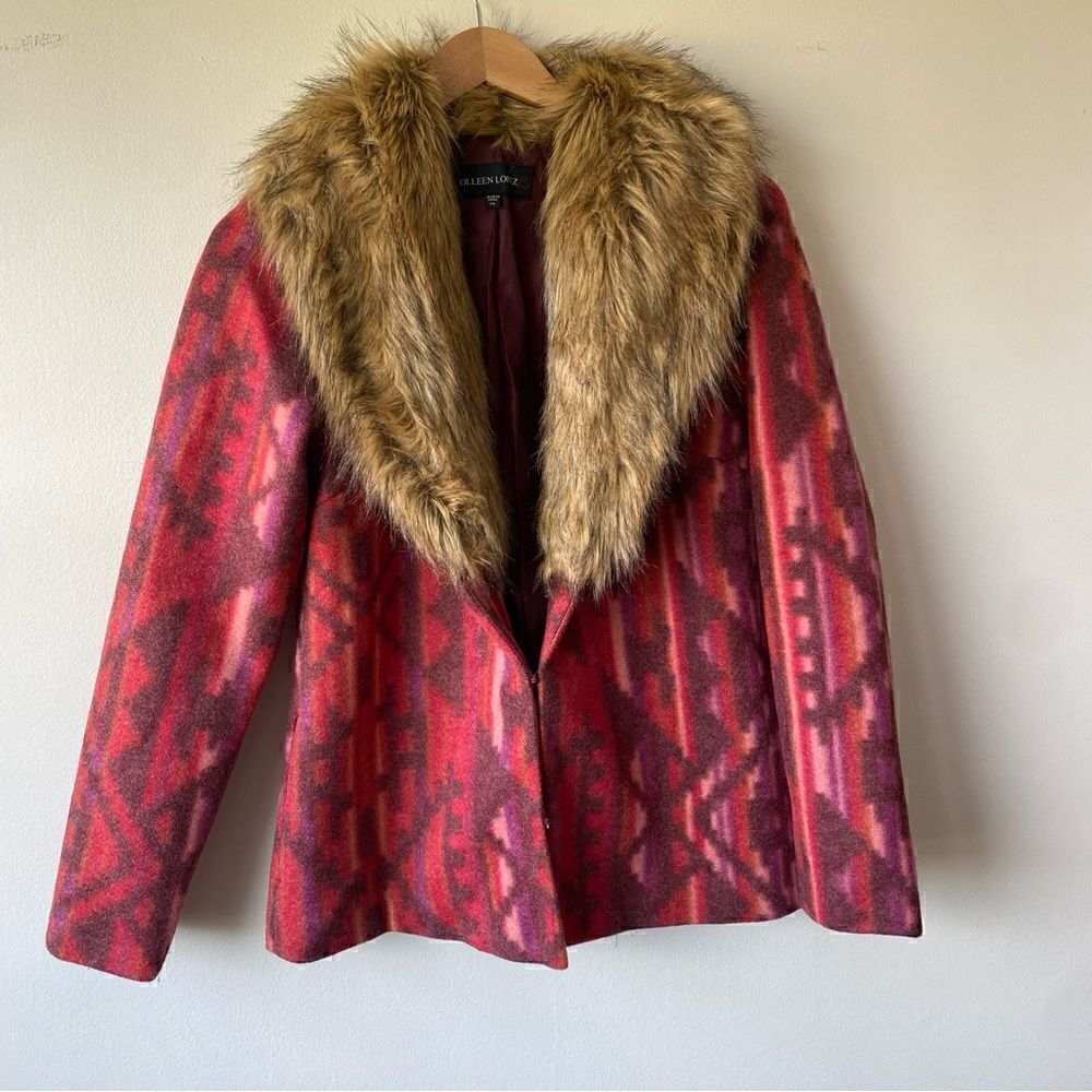 Colleen Lopez faux fur trimmed Aztec patterned jacket size xs
